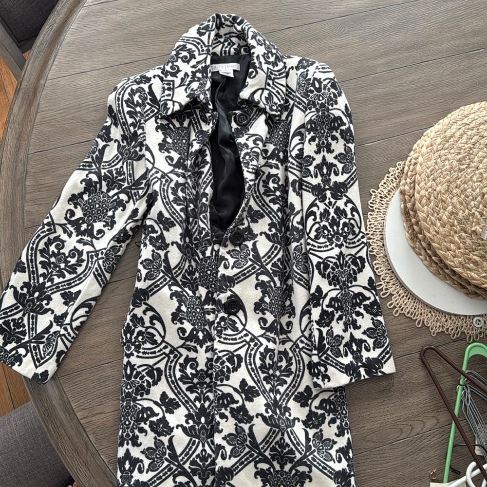 Black and white demask pattern-  White House black market wool and rayon coat